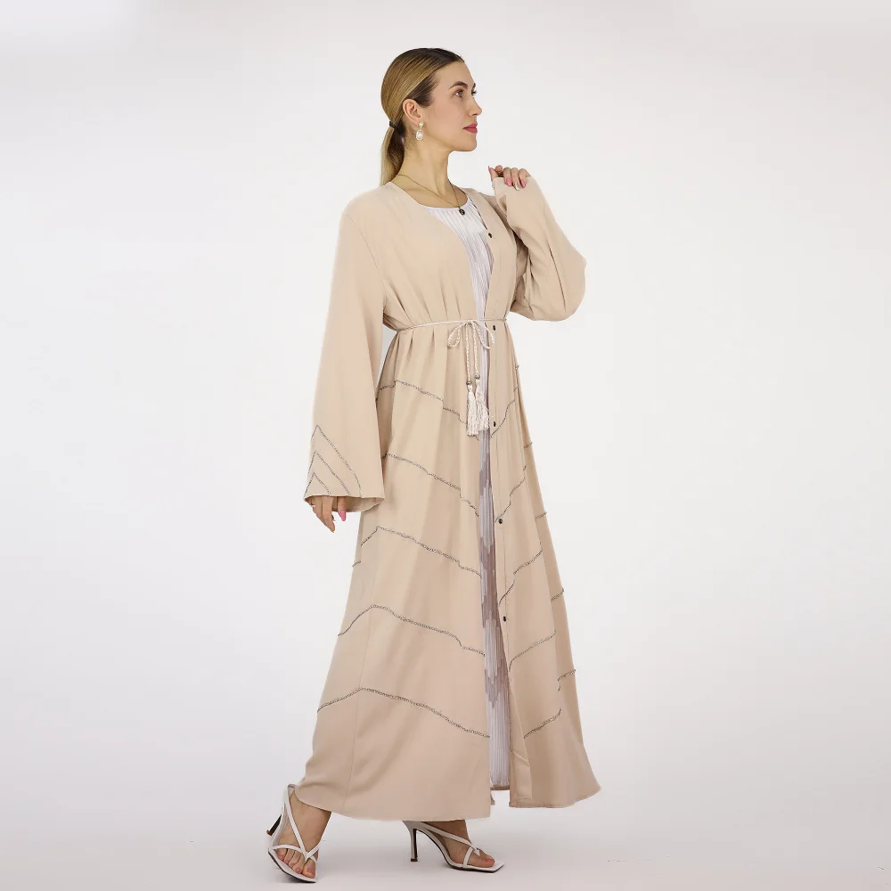 Middle East Dubai Cardigan Solid Color Beaded Dress Gown Fashion Open Abaya Kimono Robe Mariage Musulmane Kaftan Femme