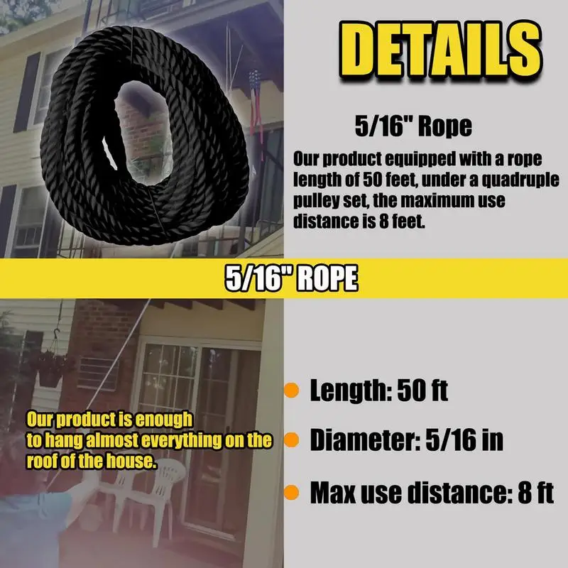Rope Hoist Pulley System 5:1 Lifting Power 3/8 Rope Hoist Pulley Heavy Duty Multifunctional Rope Pulley With 2200 LBS Breaking 4