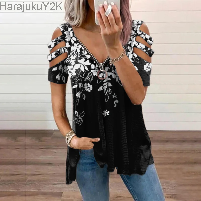 

2022 Cold Shoulder Women Blouses Floral Print Shirt Split V-Neck Zipper Irregular Casual Loose Oversized Tops Sexy Hollow Out