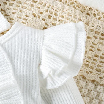 2PCS Autumn New Style 0-1 Year Old Girl Baby Sweet And Cute Solid Color Flying Sleeve Waffle Long-Sleeved Jumpsuit + Hair Band 6