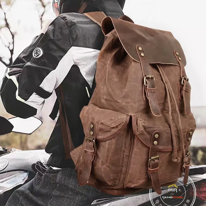Vintage Crazy Horse Leather Backpack Men's Travel Knight Oil Wax Canvas Backpack Women's Large Capacity School Bag Unisex