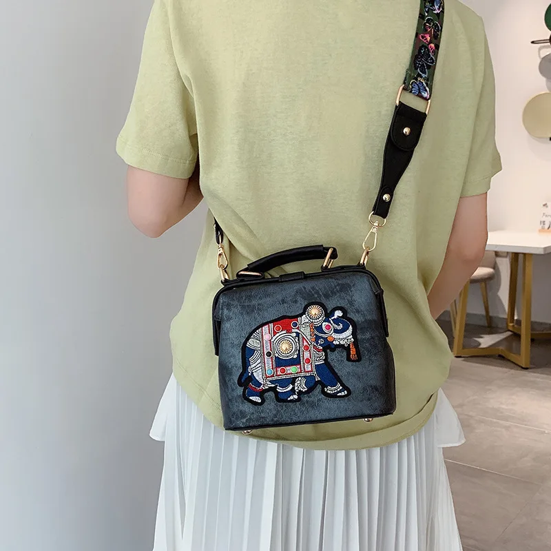 Embroidery Elephant Bag Wide Butterfly Strap PU Leather Women Shoulder Crossbody Bag