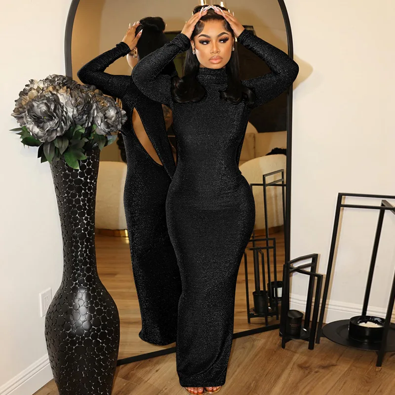 Elegant Backless Dress Women Bodycon Long Sleeve Y2k Bright Silk Sexy Dresses Womens Party Temperament Dress Ladies 2025
