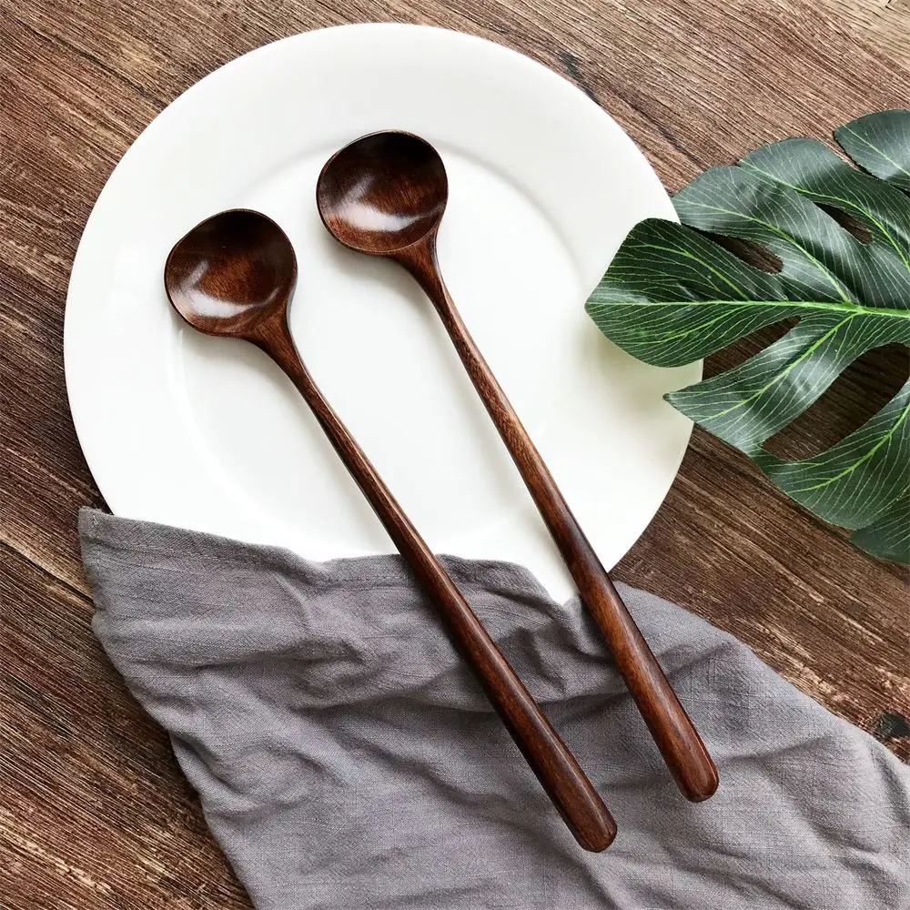 Natural Wooden Long Handle Spoon Soup Scoops Dessert Porridge Tea Coffee Wood Spoons Tableware Kitchen Supplies Household