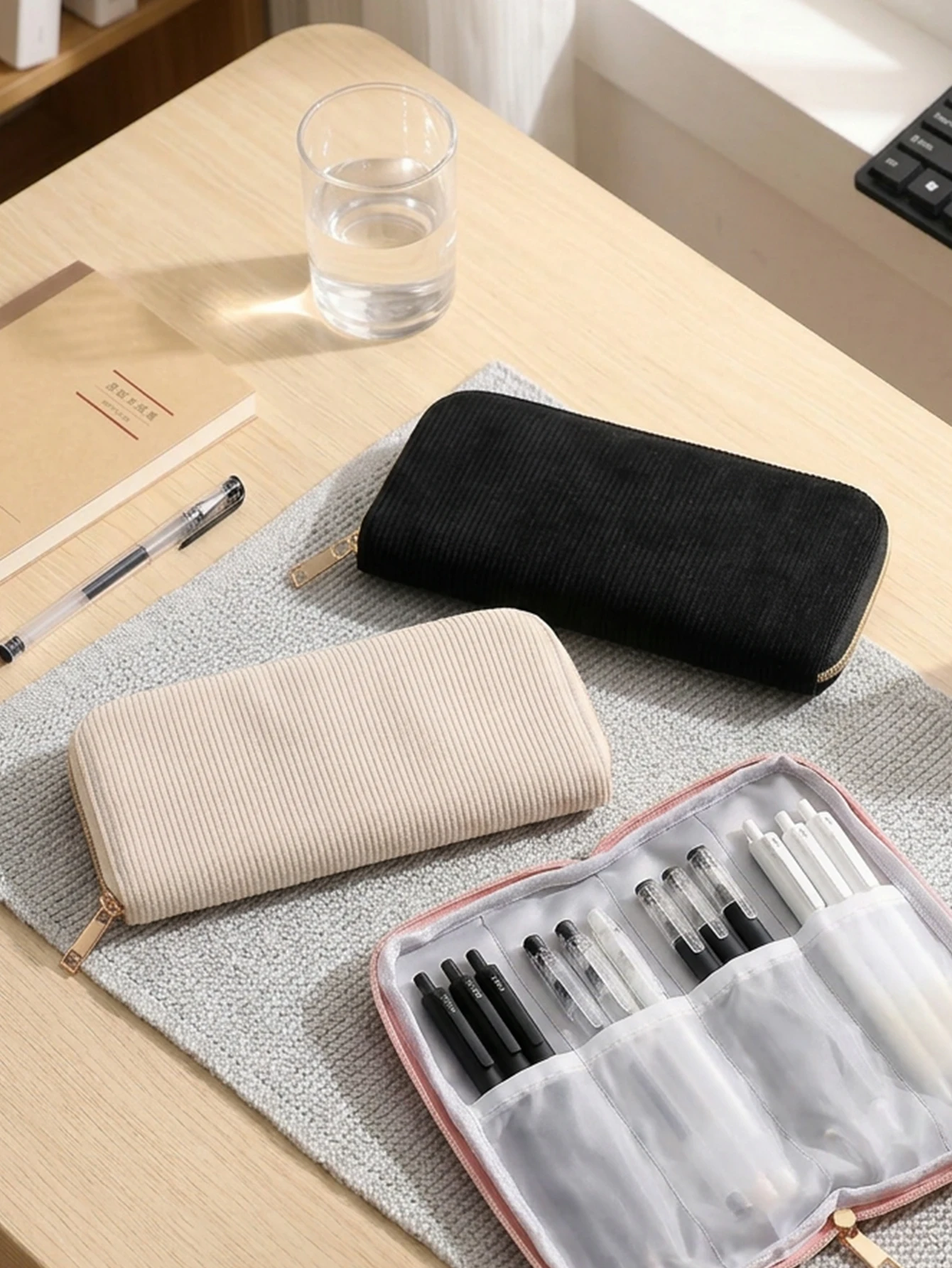 단색 코듀로이 필통, 대용량 골든 지퍼 펜 파우치, 문구류 정리함, 학용품 신학기 용품