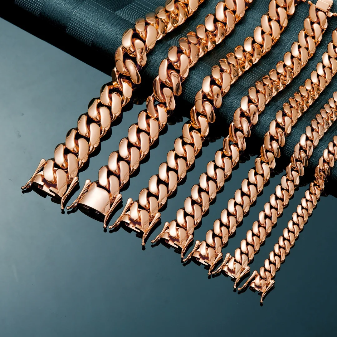 8-22mm Hip Hop Bling Rose Gold Color 316L Stainless Steel Dense Cuban Miami Link Chain Necklaces for Unisex Rapper Jewelry(1PC) - Image 5