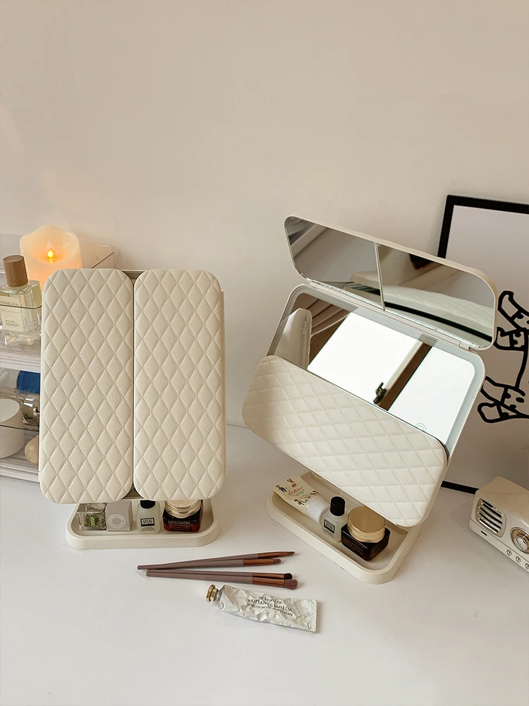 Shell double door LED makeup mirror with light storage box integrated desktop folding adjustable mirror for students