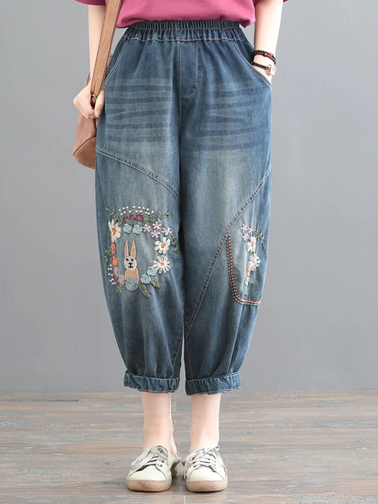 Slimming Cartoon Embroidery Loose Fit Harlan Jeans Women's Summer Faionable Retro plus Size Denim Pants Korean Sle