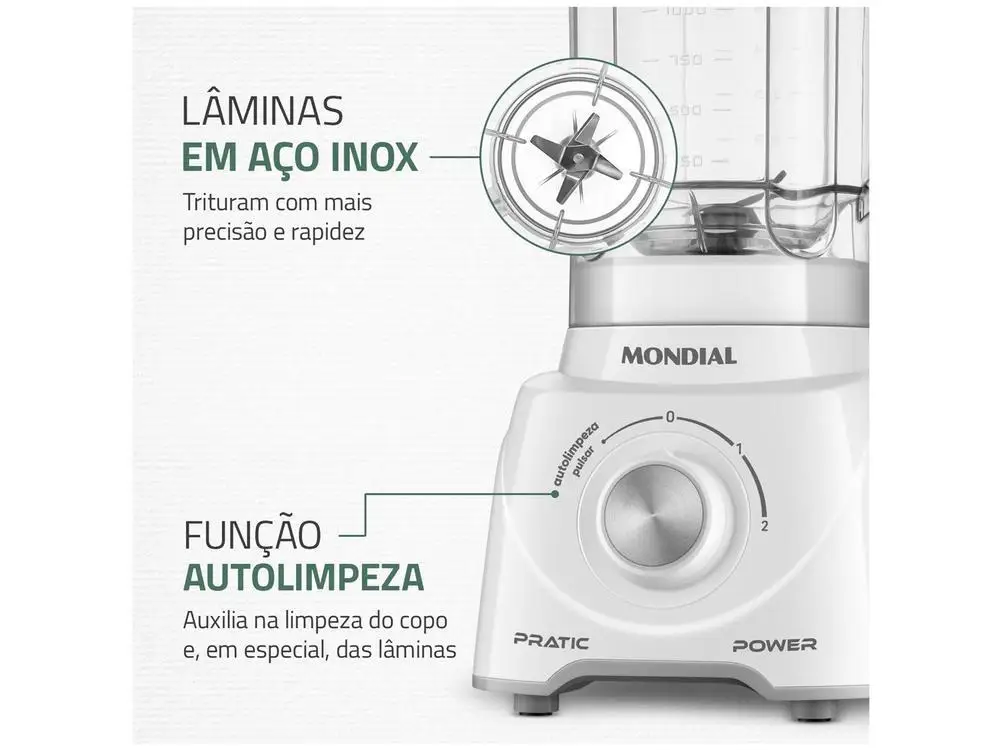 Liquidificador Mondial Pratic Power L-97-W 2 Velocidades + Pulsar 550W Branco - 220V 5
