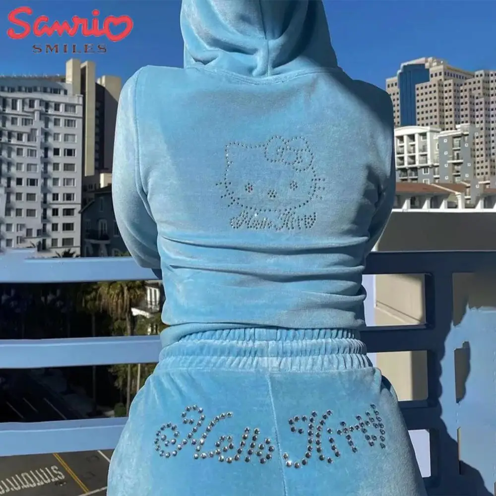 

Женский бархатный комплект с капюшоном Sanrioed, 2 шт., кофта на молнии, спортивные брюки, аниме, кавайная Весенняя Спортивная одежда для девушек
