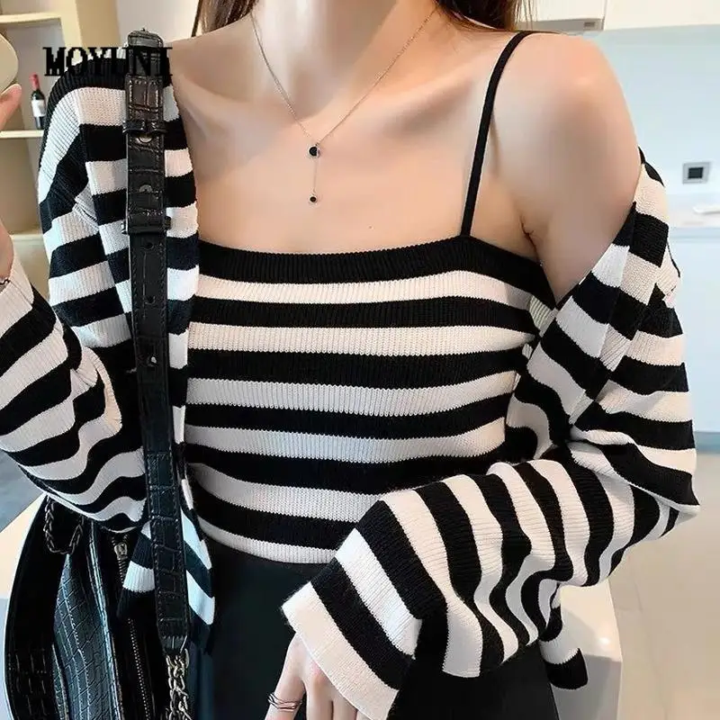 

Retro Sexy Camisole Tank Top + Short Striped Cardigan Thin Coat Casual Autumn Two Piece Sets Korean 2022 New Knit Sweaters