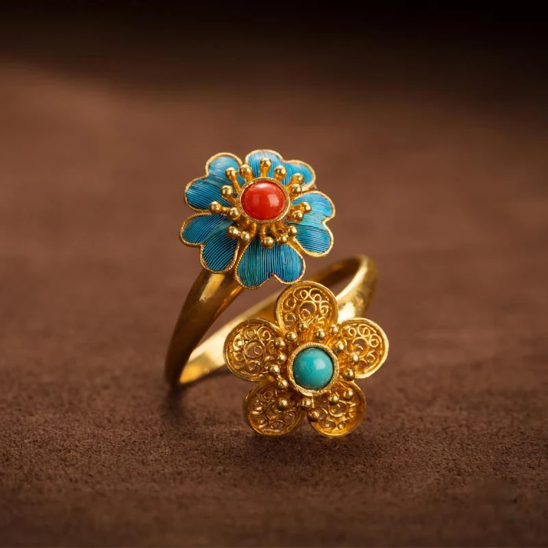 Natural Southern red Tourmaline Flower Open Ring Chinese Retro Palace Style Unique Ancient gold craft luxury ladies jewelry natural stone ring