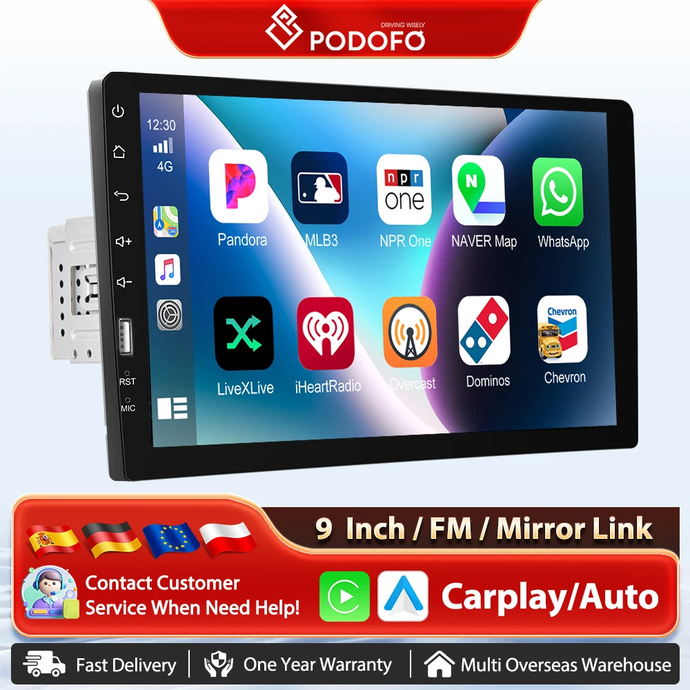 Podofo 9 pulgadas Carplay Android Auto reproductor MP5 para coche compatible con D-Play EQ BT FM AM reproductor Multimedia para coche Control USB del volante 1
