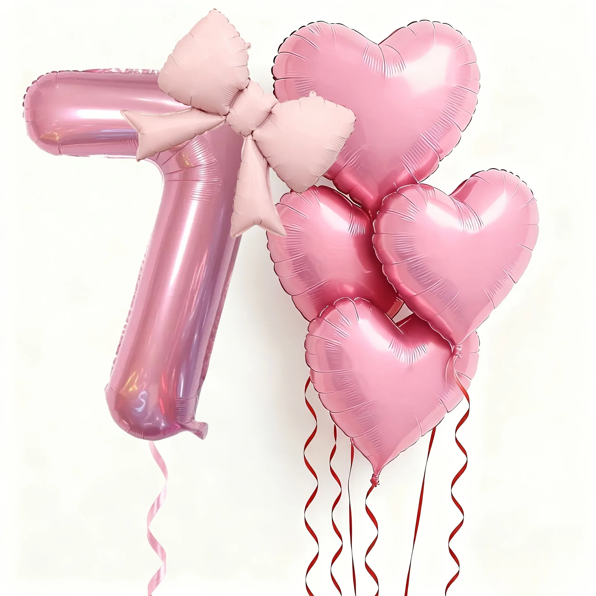 6 Stück Rosa Schleife Herzballon 32 Zoll Nummer 0-9 Geburtstagsballon-Set Geburtstagsparty-Dekoration Festbedarf