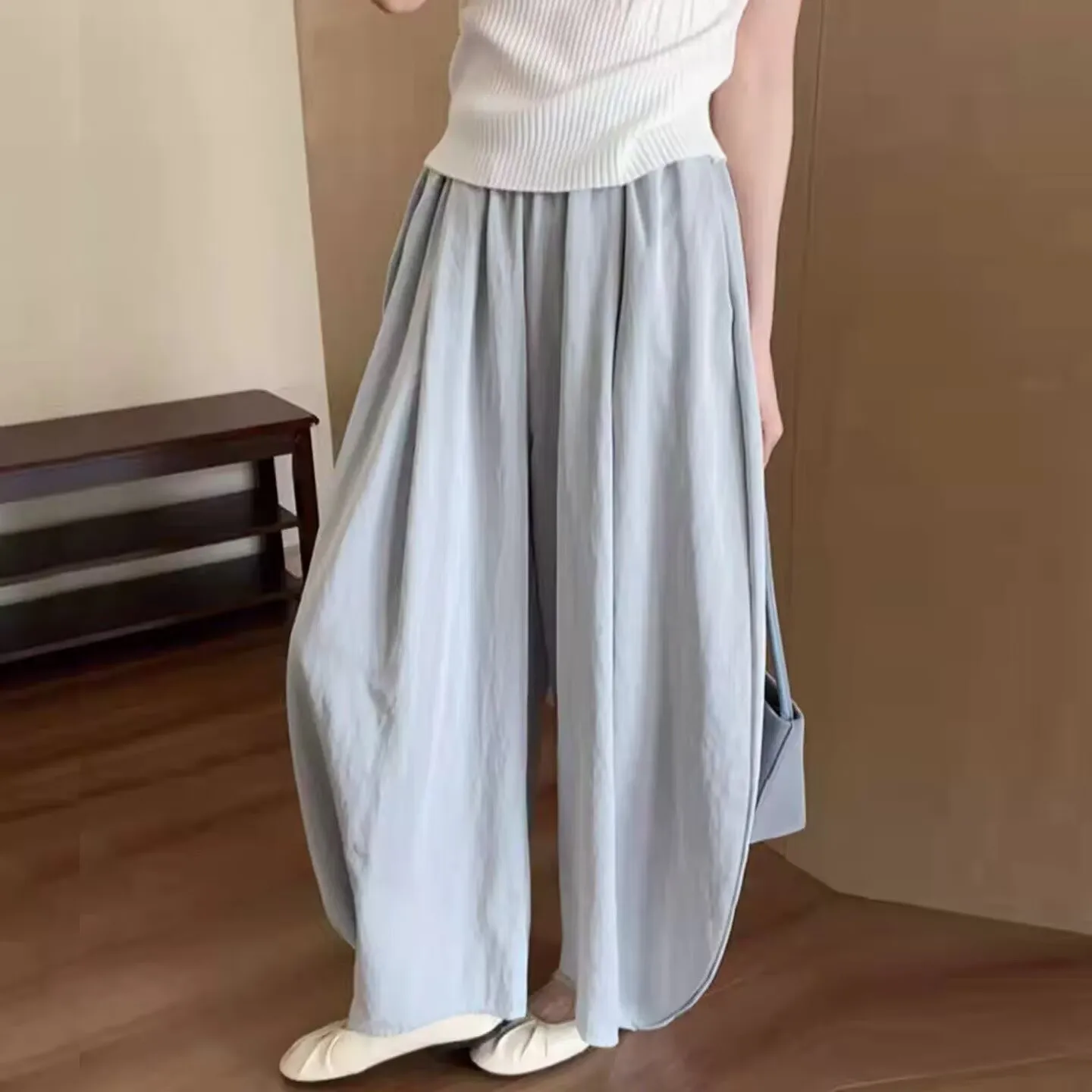 임산부 와이드 레그 팬츠 여름 얇은 루즈핏 편안한 배가 보이지 않는 9부 슬리밍 나이프 팬츠 면 폴리에스터