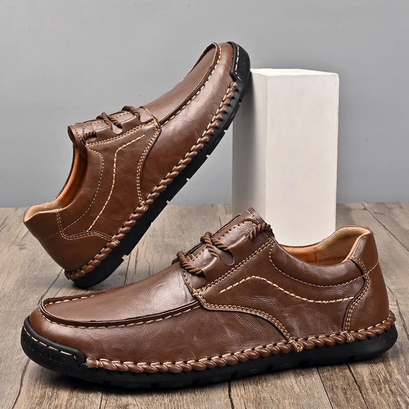Retro Style Men Leather Casual Shoes Handmade Breathable Men's Loafers Fashion Man Walking Sneakers Simple Comfy Hiking Footwear 3