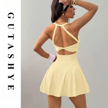 Women Naked Feel Yoga Tennis Dress With Pockets Quick Dry Breathable Anti-Exposure Running Fitness Sports Dress