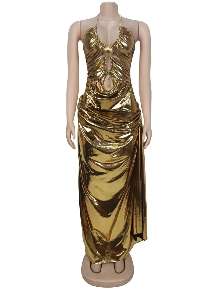 Wmstar Dress Women Wholesale European American Fashionable Clothing Sexy Halter Neck Gold Chain Pleated Arm Hugging Dresses