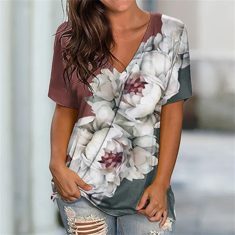 

Women's T-shirts Fashion Floral Print V-neck Short Sleeve Tops Tees Casual Everyday Sweatshirts Ladies T Shirt Loose Y2k Clothes