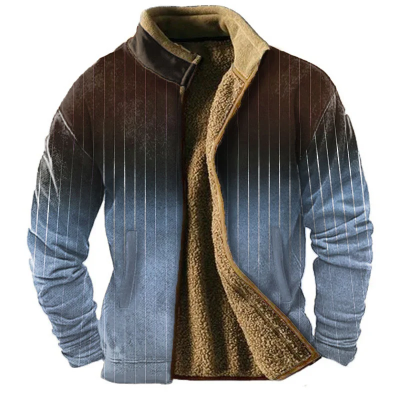 Graphic Patchwork Men's Daily Zip Sweatshirt Holiday Vacation Going out Sweatshirts Brown Long Sleeve Stand Collar Fleece Winter