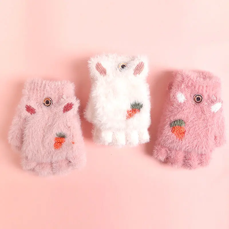 Winter Baby Plush Gloves Cute Cartoon Warm Toddler Half Finger Gloves Outdoor Thicken Kids Girls Boys Mittens