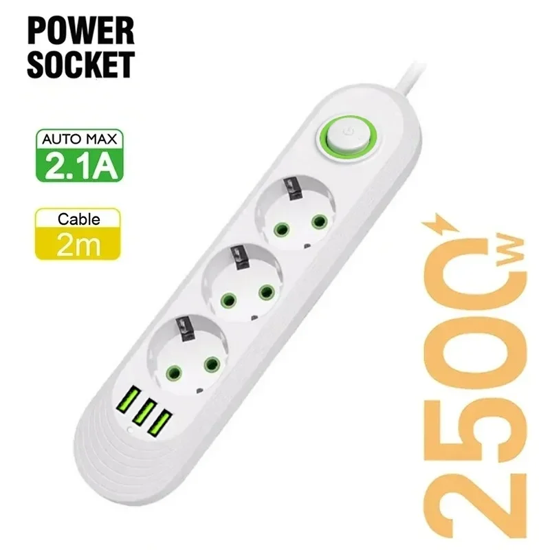 2500 W EU-Stecker AC-Steckdose Multiprise Power Strip Verlängerungskabel Europäischer Standard-Buchse Netzwerkfilter mit USB-Anschlüssen zum Aufladen