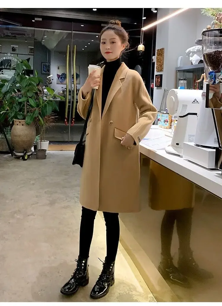 Fashionable 2023 Medium-length Woolen Jacket For Women Loose-fit Camel Color Korean Style Overcoat Trendy Autumn Winter