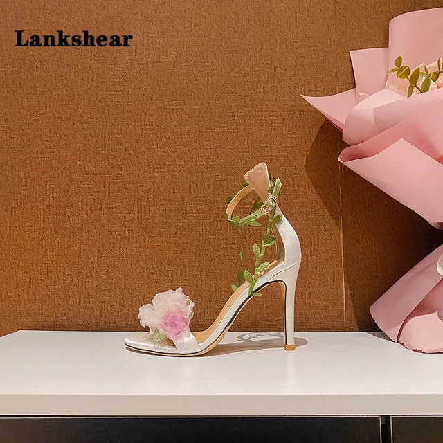 Women Pink Chiffon Flower High Heels Sandals One Word Rattan Strappy