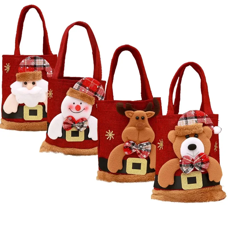 

1 шт., новинка, детские рождественские подарки, конфеты, элегантная льняная Рождественская сумка для конфет с принтом Санта-Клауса