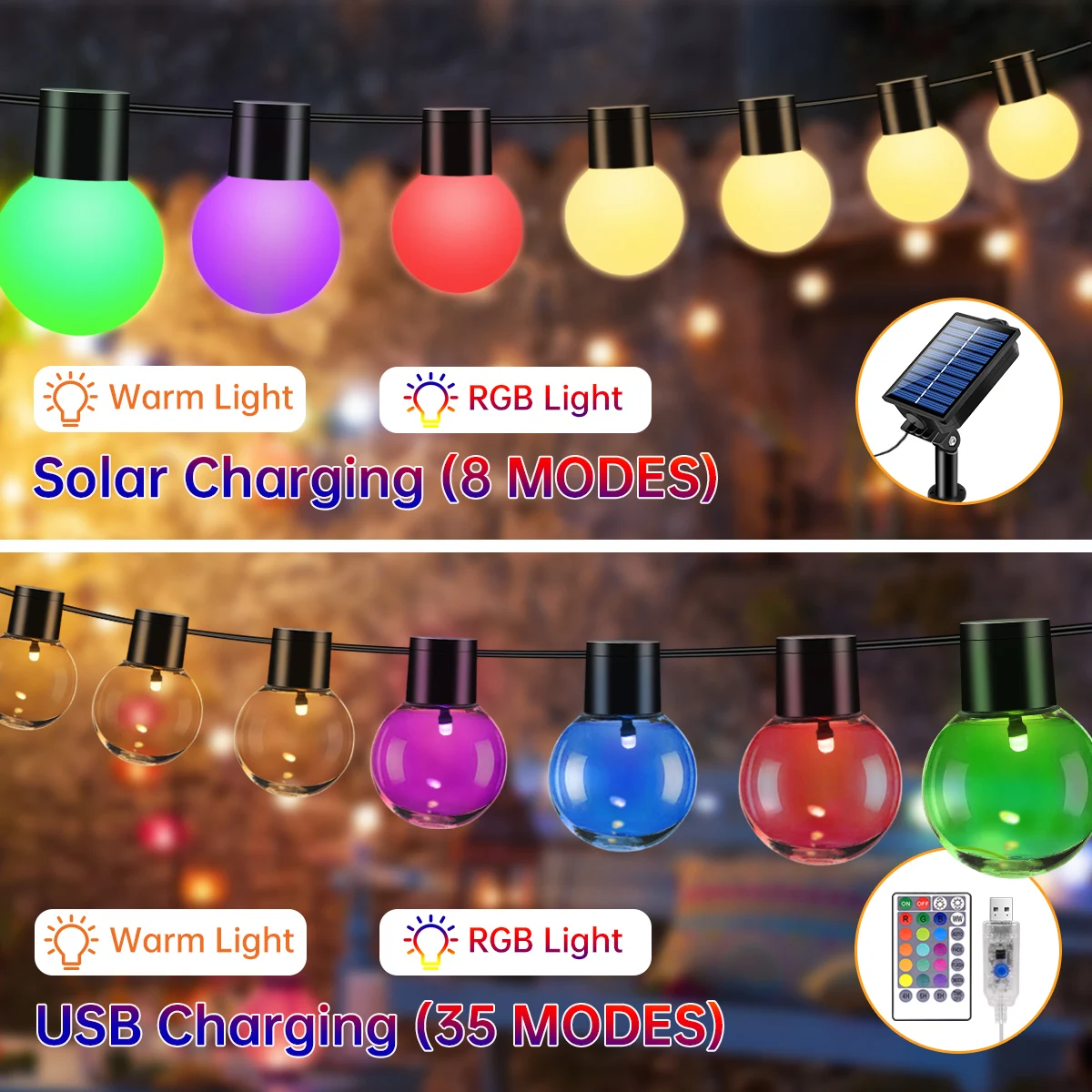 Solar string lights outdoor waterproof G40 globe patio lights with 20 shatterproof bulbs for yard party