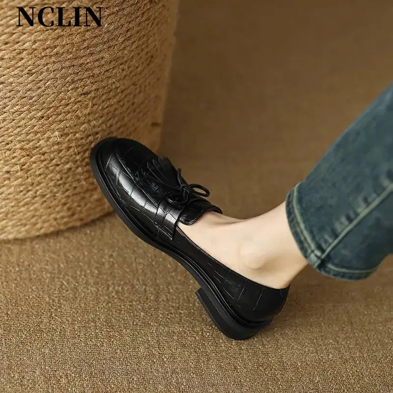 

New Spring Genuine Leather Women Shoes Round Toe Women Pumps Shoes for Women High Heel Chunky Heel Shoes Zapatos Mujer Loafers