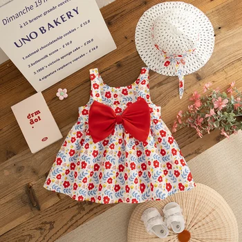 Vestitini Estivi per Bambina in Cotone con Fiocco e Stampa Floreale, Abiti con Bretelle, Cartoni Animati Carini, Abbigliamento da Spiaggia per Neonata