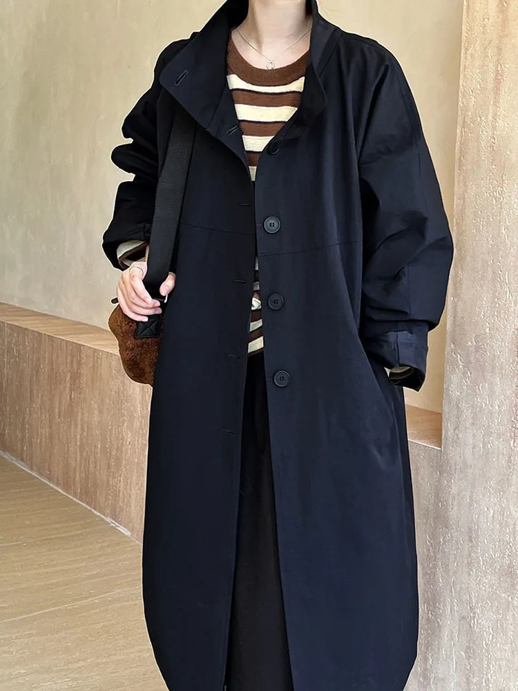 [EAM] Women Navy Blue Big Size Long Elegant Trench New Stand Collar Long Sleeve Windbreaker Fashion Spring Autumn 2025  1DH6843 5