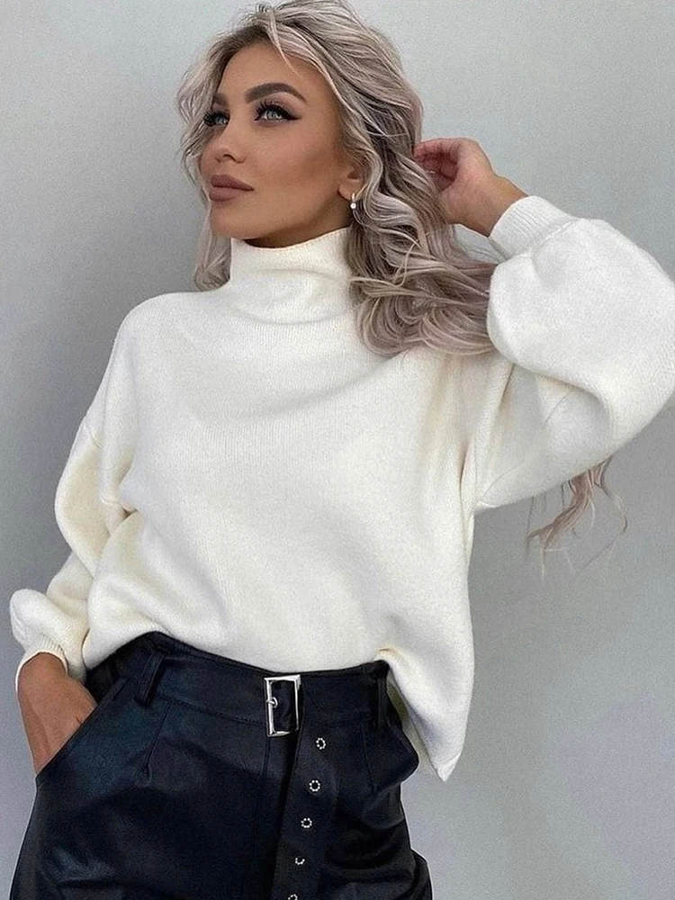 

Женский вязаный свитер-водолазка, осенне-зимний белый пуловер с длинным рукавом, элегантный повседневный свободный мешковатый джемпер большого размера