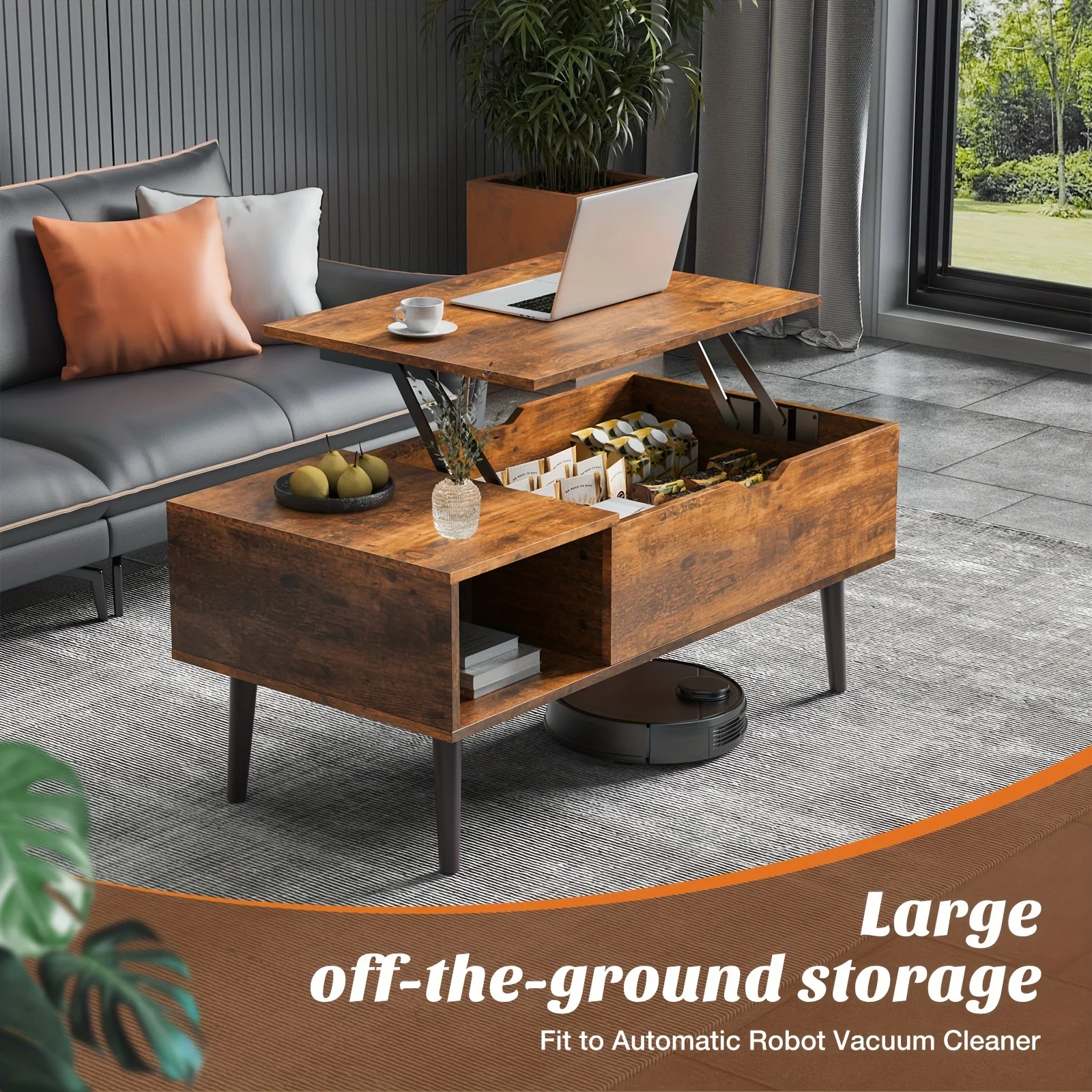 Rustic Wood Lift- Top Coffee Table with Hidden Storage, Adjustable Shelf,