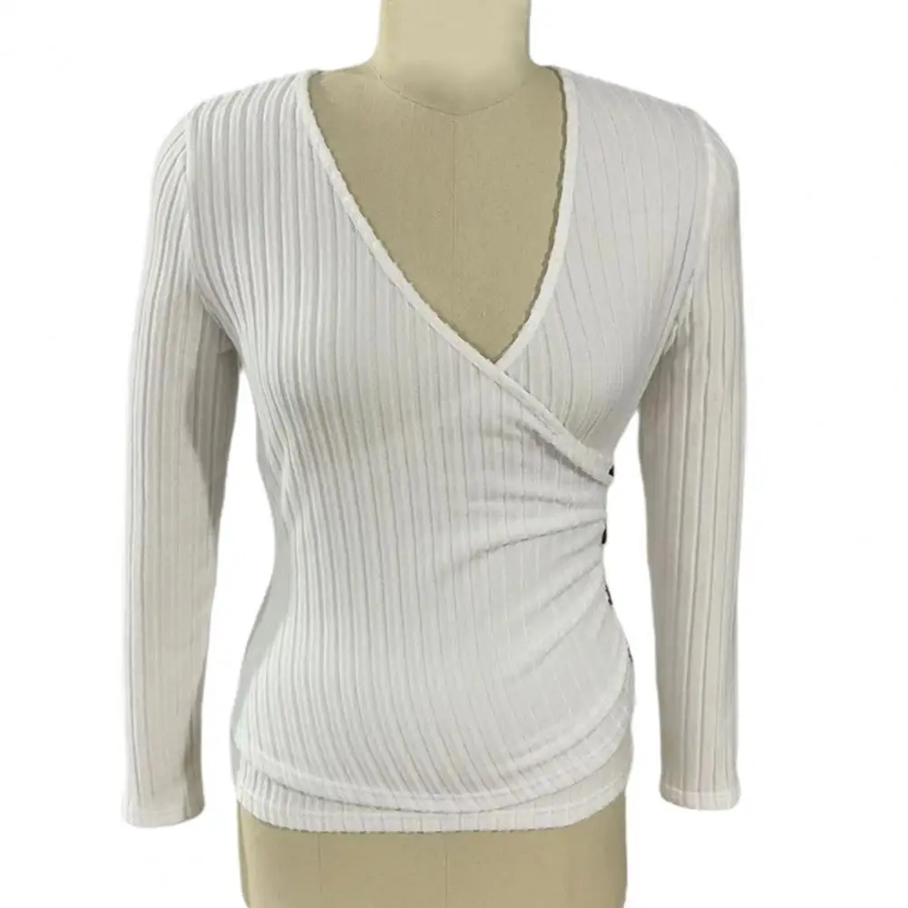 

Ribbed Pullover Tops Elegant Deep V-neck Ribbed Tops Women's Autumn Fashion with Slim Fit Buttons Decor Versatile Style Women