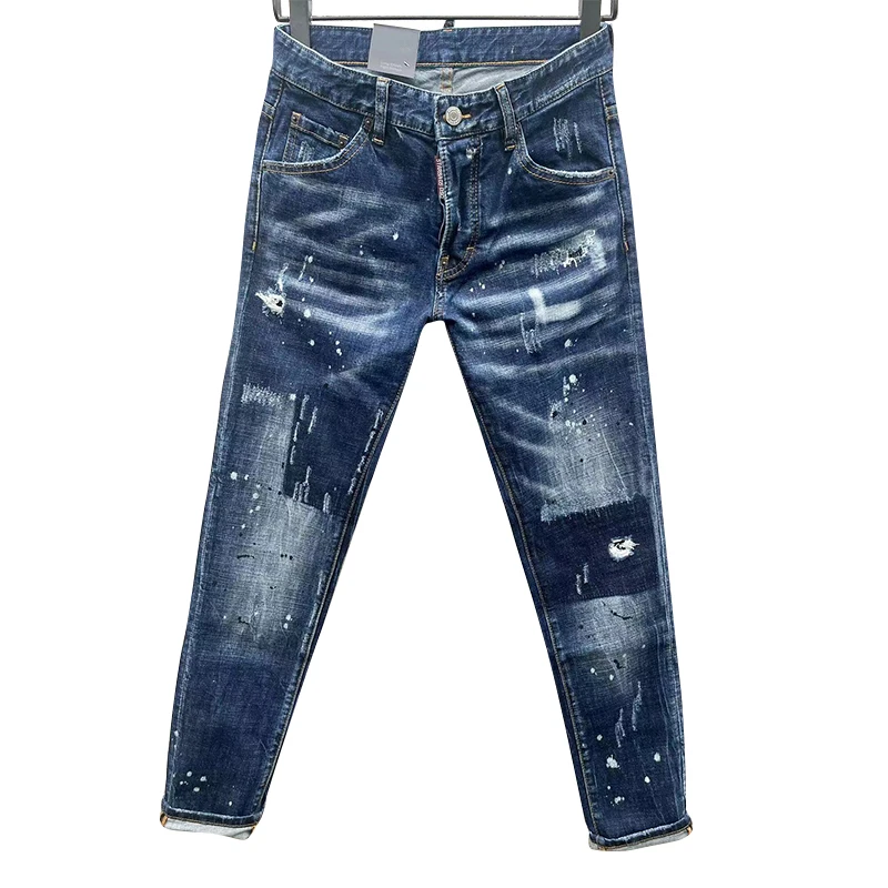chareiharper dsq 9116 men's skinny Skinny jeans Ripped fabric Stretch Paint Splash black patchwork jeans
