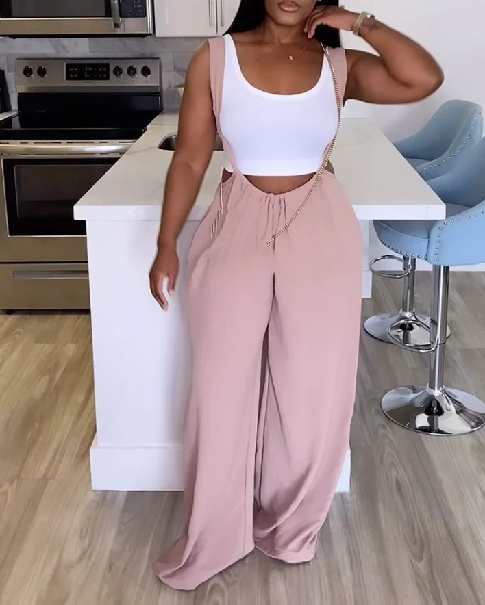 Casual Women's Playsuit 2024 Spring/summer 2024 Women Solid Thick Straps Pastel Pocket Decor Wide Leg Suspender Jumpsuit