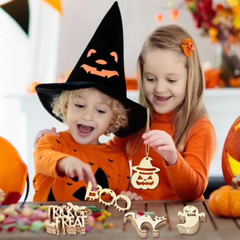 10Pcs Halloween Decoration Wooden Ornaments Pumpkin Ghost Bat Hanging Pendant Happy Halloween Party Home DIY Craft Kids Toy Gift