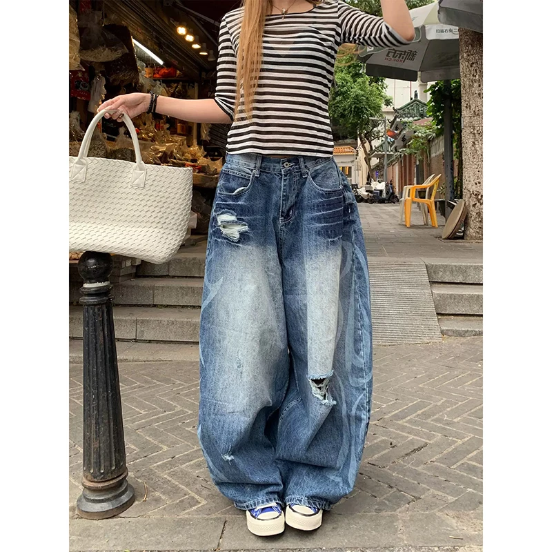 YIBASHU 여성 청바지 헐렁한 와이드 핏 남친 데님 바지 그런지 펑크 찢어..