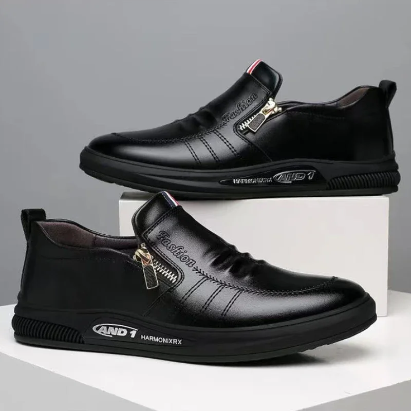 Business Men's Leather Shoes  Fashion Man Dress Shoes Autumn ZIP Man's Sneakes  2023 New Lightweight Flat  Male Casual Loafers 4