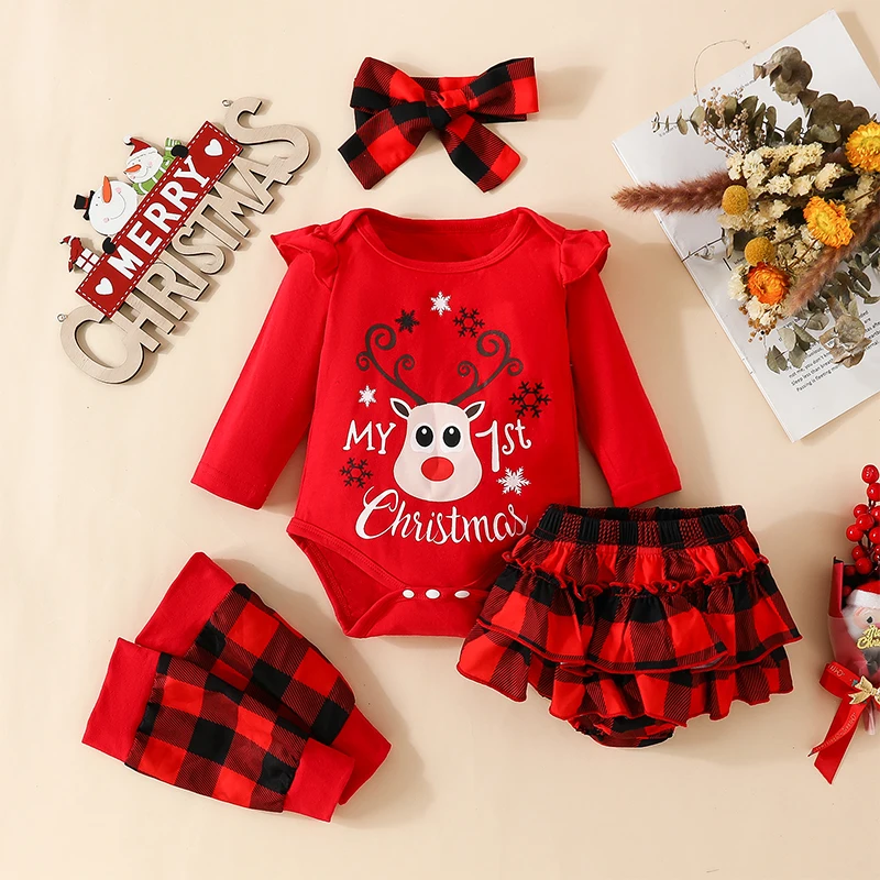 

Suefunskry Infant Baby Girls First Christmas Outfits Deer Print Long Sleeve Romper + Plaid Ruffled Shorts + Headband +Leg Warmer