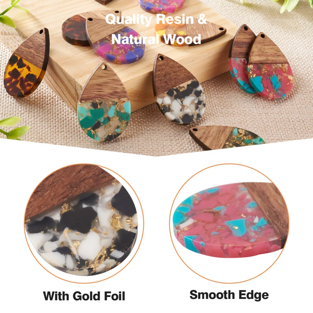 16Pcs Teardrop Resin Wood Charms for Earrings Resin Walnut Wooden Pendants with Foil DIY Jewelry Craft Making Necklace Earrings