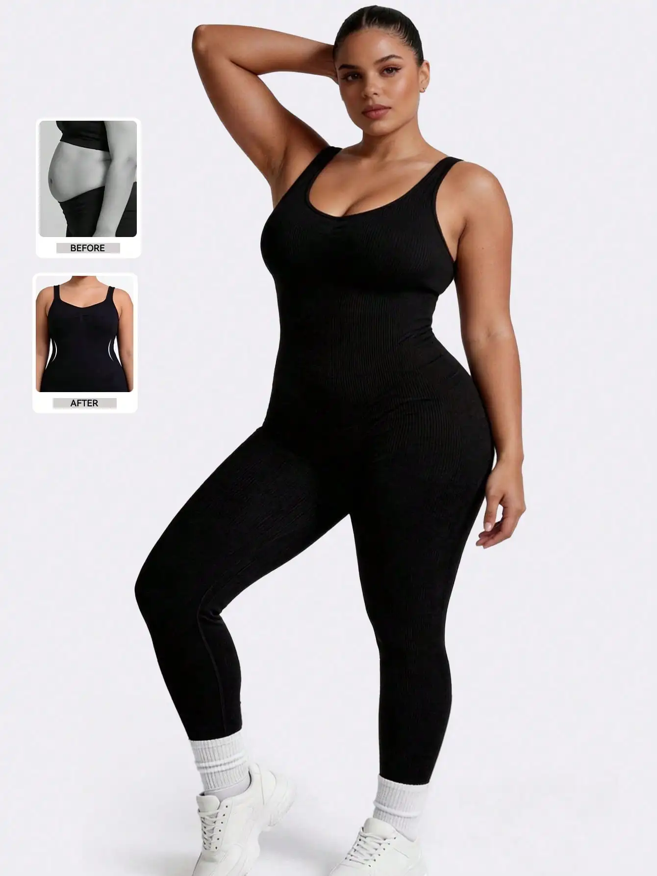 Combinaison de yoga sans coutures pour femme, grande taille — Dos nu, col en U, sans manches — Bodysuit gainant effet push-up fessier — Tenue de fitness et d'entraînement
