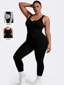 Combinaison de yoga sans coutures pour femme, grande taille — Dos nu, col en U, sans manches — Bodysuit gainant effet push-up fessier — Tenue de fitness et d'entraînement