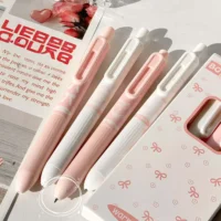 4Pcs Pink White Bow Print Gel Pen Set, Retractable 0.5mm Fine Point Smooth Writing Pens for Journal Office Stationery Gift 5