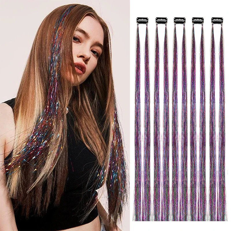 10Pack Sparkle Tinsel Clip On In Hair Extensions for Girls Women Glitter Party Hair Accessories Rainbow Colored Bling Hair Piece