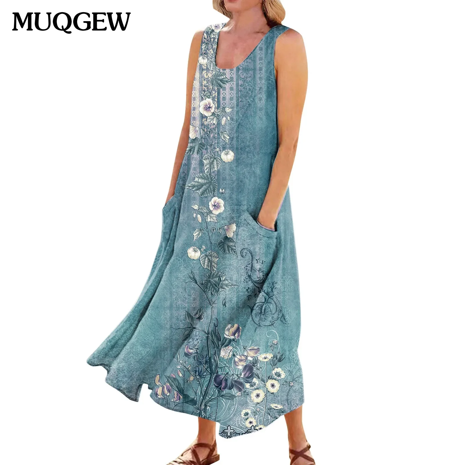 

Summer Women's Dress Casual Retro Floral Print Dresses Elegant V-neck Loose A-line Vestidos Female Beach Pullover Dress