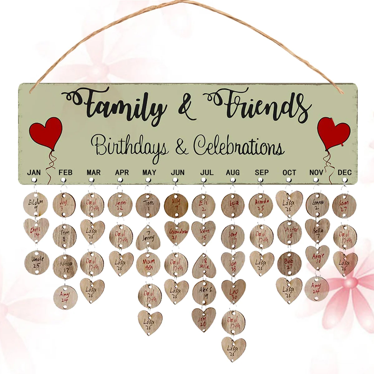 

Family Birthday Board Wall Hanging Wooden Calendar Birthday Reminder Plaque with 50 Woden Discs 50 Heart Tags for DIY Family