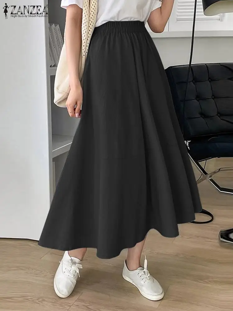 

ZANZEA Summer Elastic High Waist Pleated Jupes Women Umbrella Long Skirt Casual Loose Solid Maxi Skirts All-match Oversize Falda